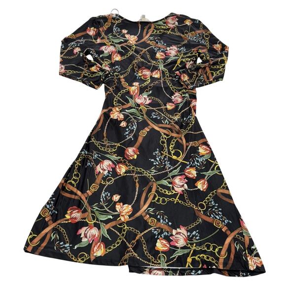 Yumi Dress Womens Small Black Floral Chain Print Long Sleeve Stretch UK 8 US 4 - Picture 2 of 7